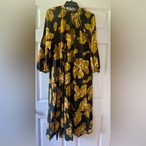 Deep forest green and mustard yellow Floral long sleeve midi-length dress,medium